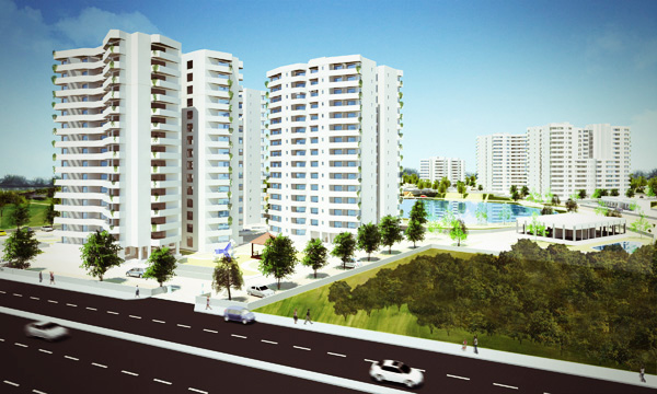 3d view of the houseing development. View from the main road